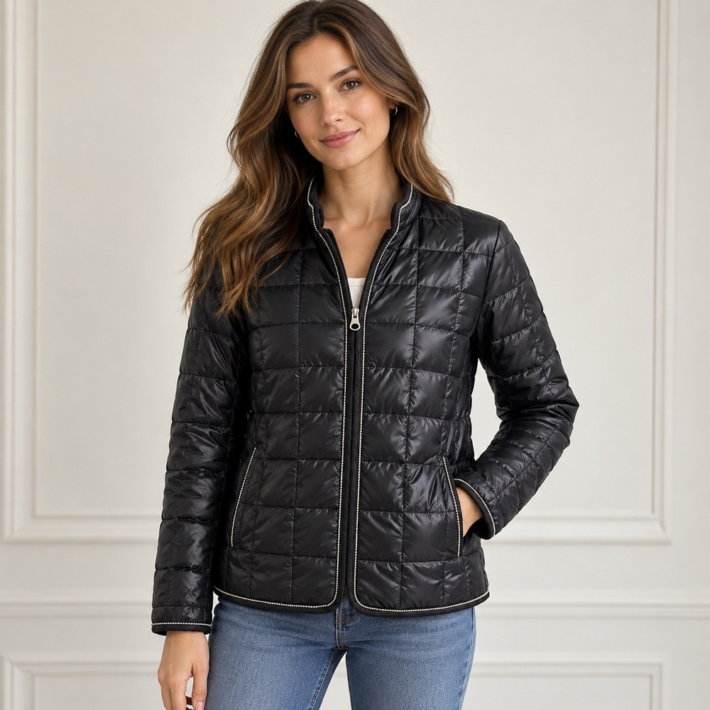 Ciao Milano Puffer Jacket Womens Large Black Quilted Down Fill Bead Trim Zip Up
